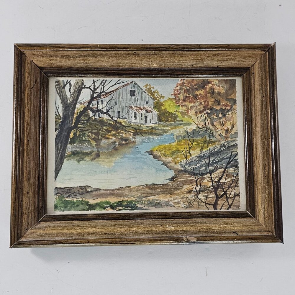 Rustic Framed Landscape Watercolor Painting Country Barn Creek Scene Signed Ping